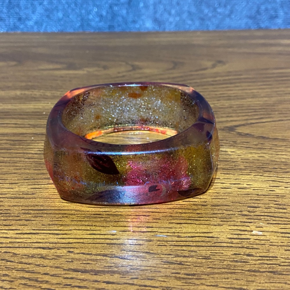 Vintage Style Chunky Square Resin Bangle Bracelet Red Floral Gold Glitter Amber